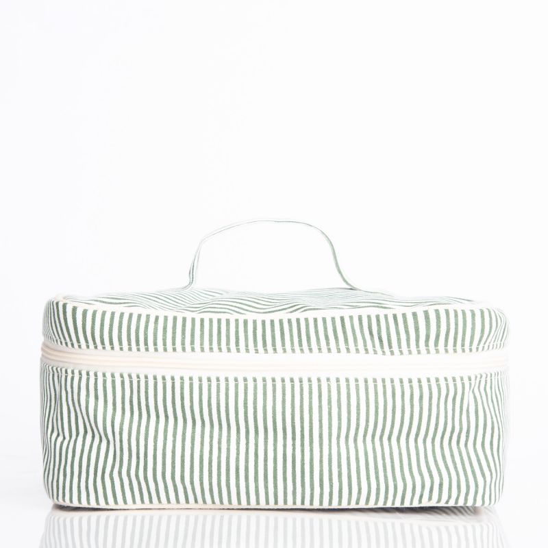front view of green and white stripe train case