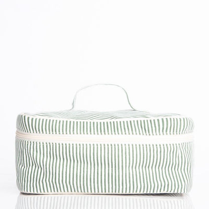 front view of green and white stripe train case