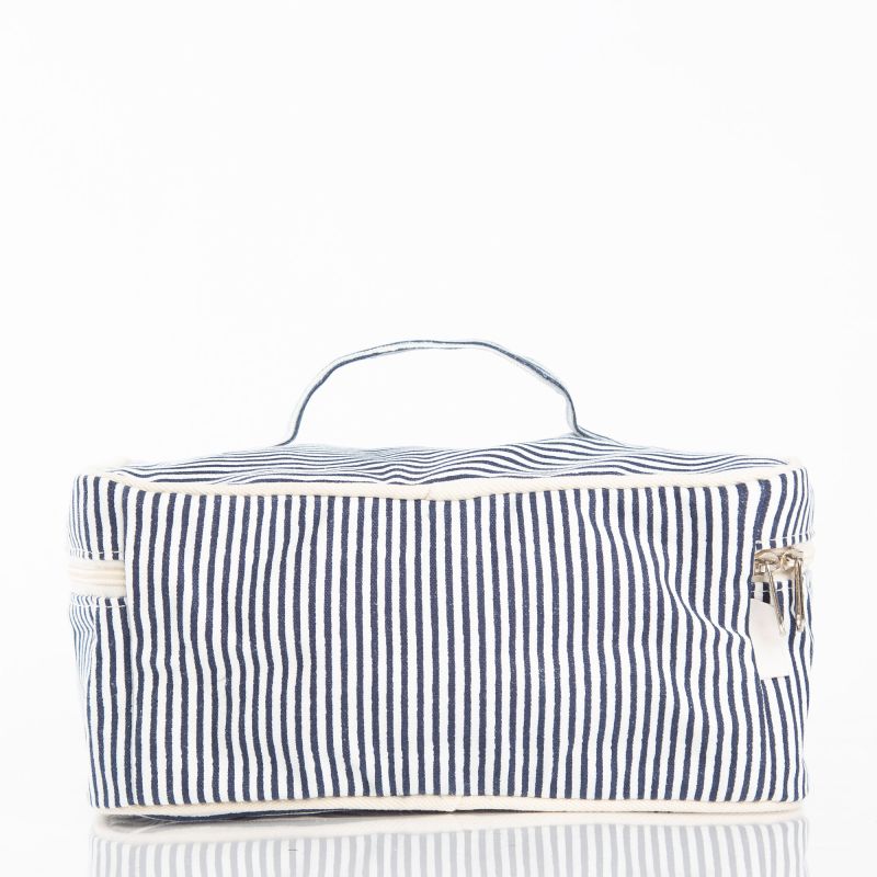 back view of navy and white stripe train case