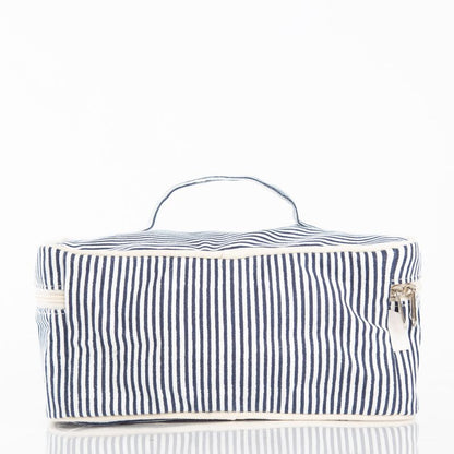 back view of navy and white stripe train case