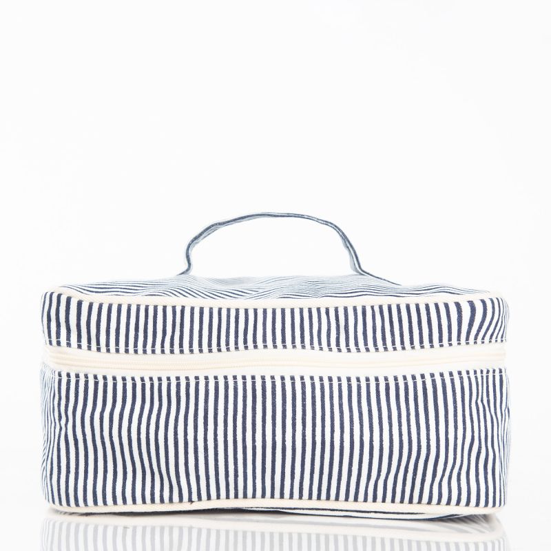 front view of navy and white stripe train case