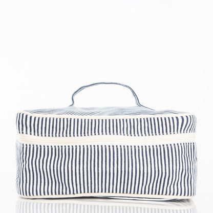 front view of navy and white stripe train case
