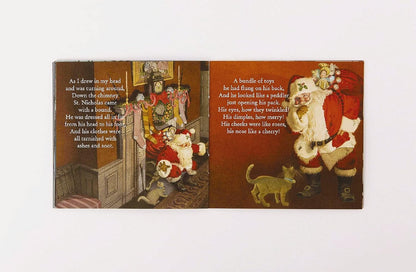 Inside pages of the book with sections from the poem and images of Santa sneaking about.