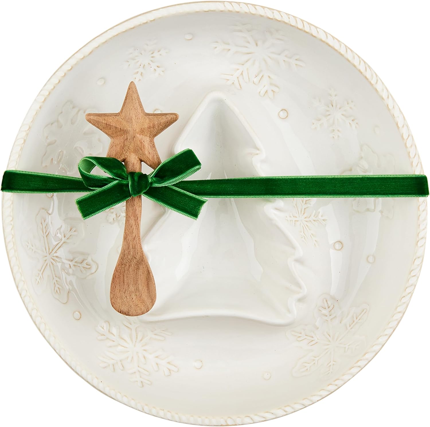 top view of snowflake chip and dip dish with wooden spoon tied to it with a green velvet ribbon.