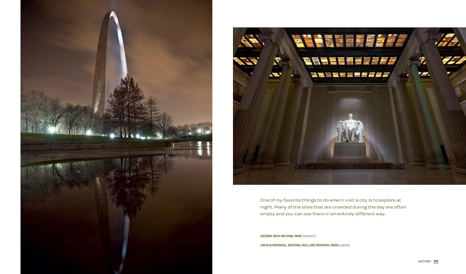 sample pages from Park Lands book with Two images: one of a night view of st louis arch and reflection, the other of a building interior with a Lincoln statue.