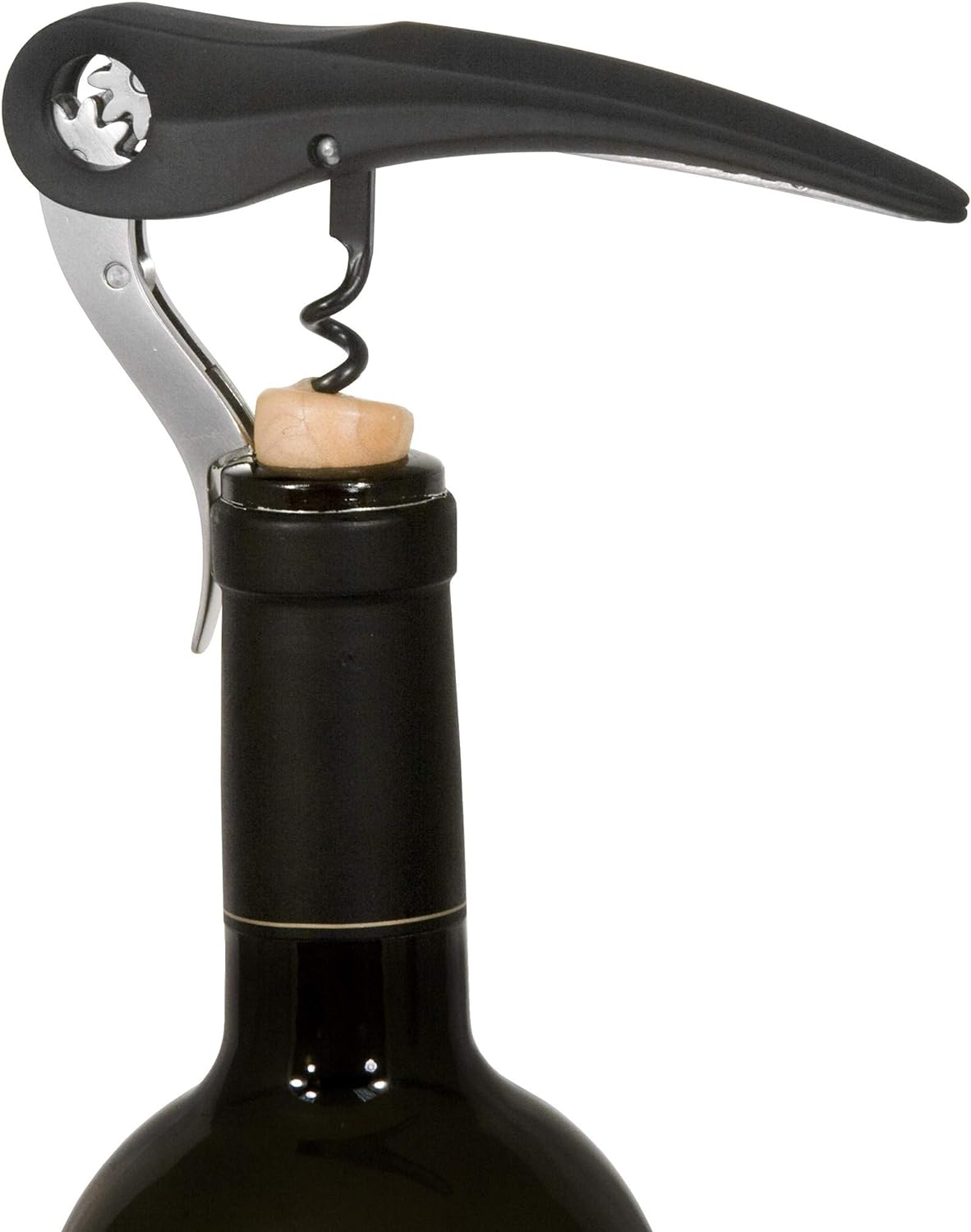 Waiters Friend Corkscrew with worn screwed into cork in a wine bottle.