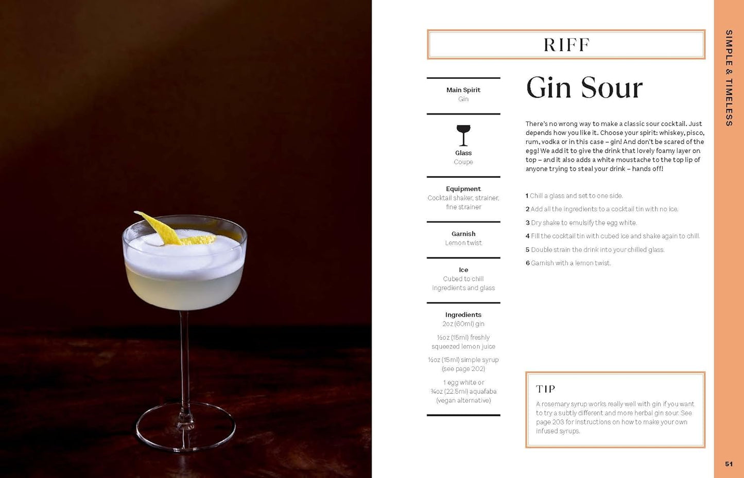 sample pages from Cocktail Diaries book with Cocktail in a glass with a garnish on a dark background, next to a cocktail recipe card.