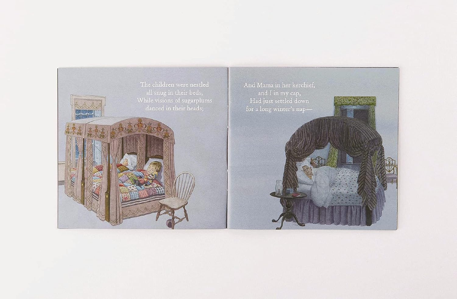 Inside pages of the book with sections from the poem and illustrations of people sleeping.