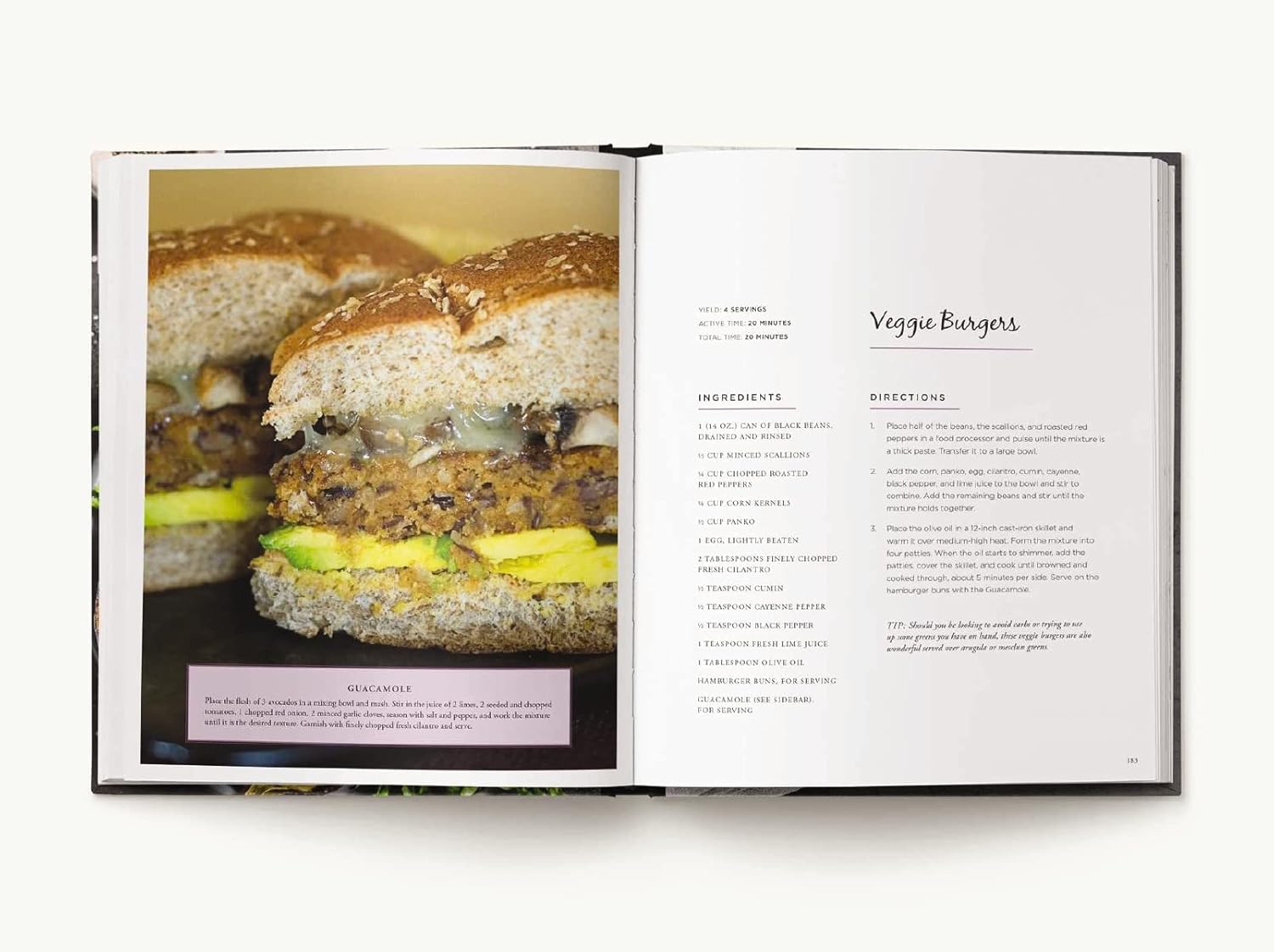Open book showing a recipe for veggie burgers with an image of the dish on a white background.