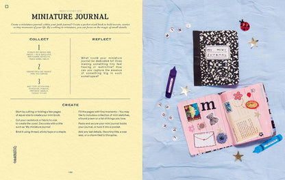 pages from book with Miniature journal with decorative elements on a blue background