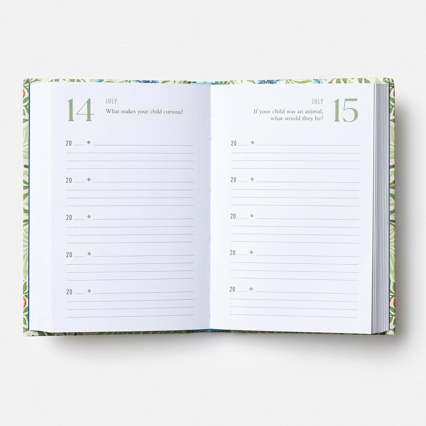 Open planner with lined pages and decorative edges on a white background