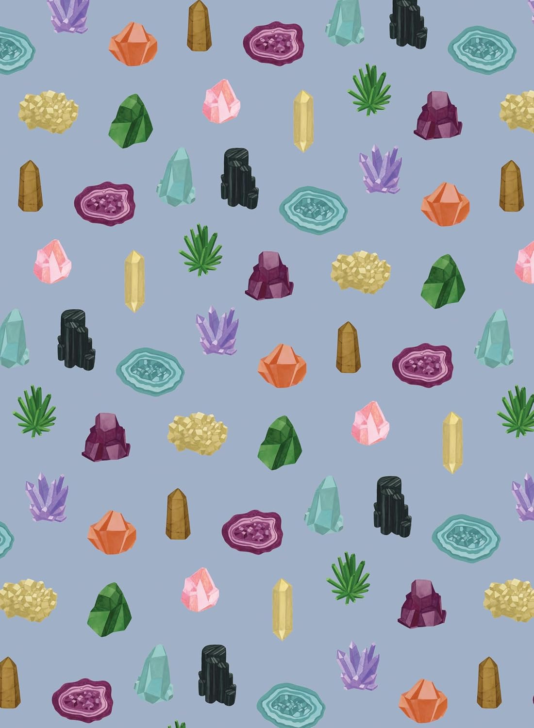 wrapping paper with Pattern of various colorful crystals and stones on a blue background