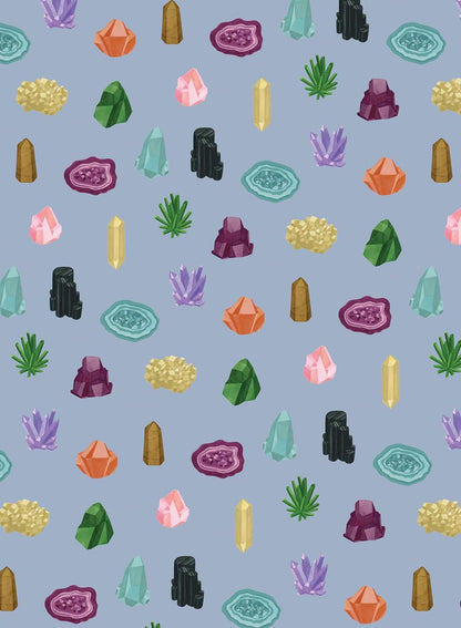 wrapping paper with Pattern of various colorful crystals and stones on a blue background