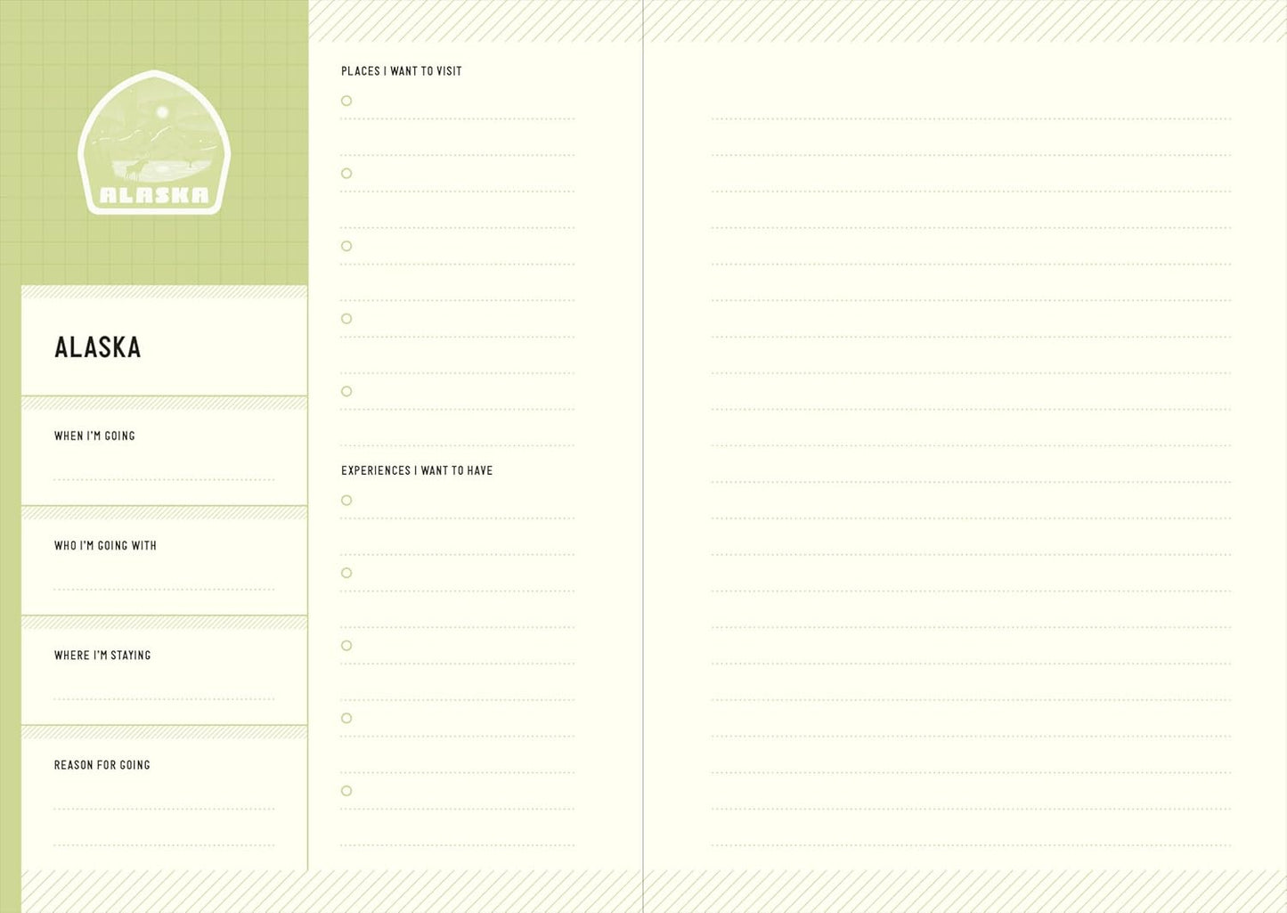 Travel planner with checkboxes for Alaska on a green and white background