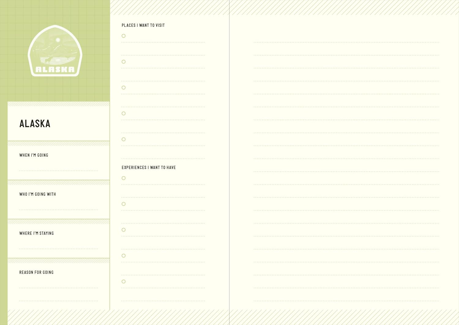 Travel planner with checkboxes for Alaska on a green and white background