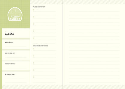 Travel planner with checkboxes for Alaska on a green and white background