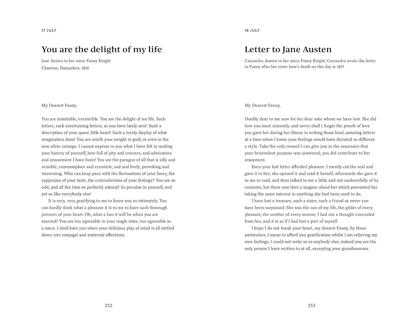 sample pages from A Literary Letter for Every Day book with letters for July to and from Jane Austen