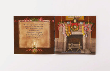 Inside pages of night beforeInside pages of night before Christmas book with sections of the poem and illustration of a chimney with stockings hanging on it.