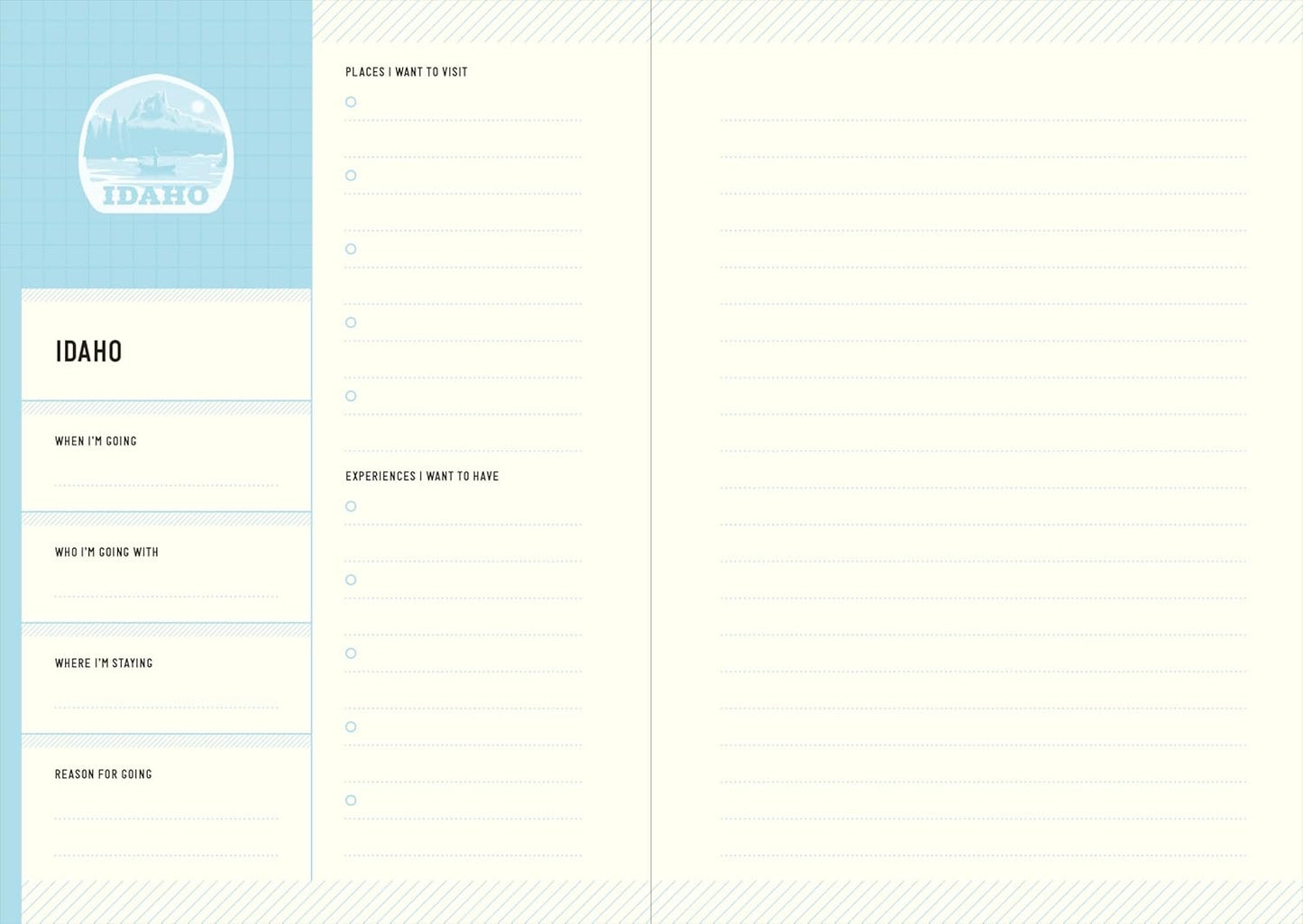 Travel planner for Idaho with a blue border and white background