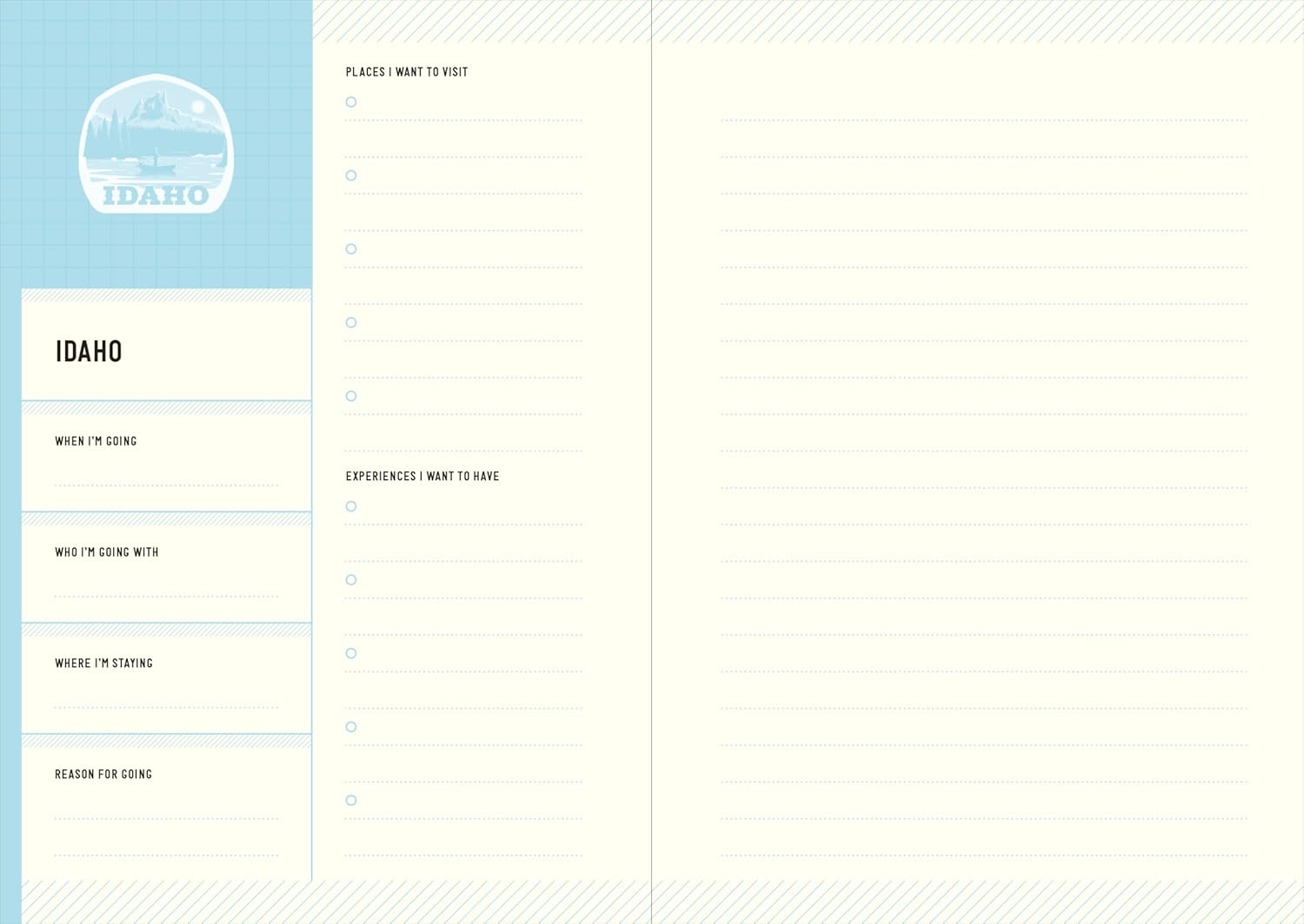 Travel planner for Idaho with a blue border and white background