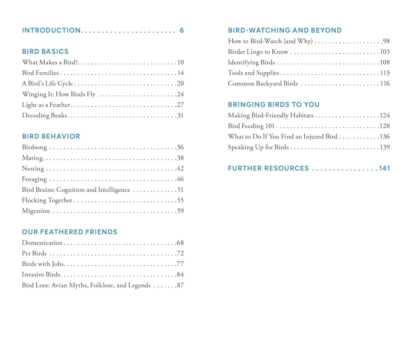 Table of contents for a book on birdwatching with chapter titles and page numbers.