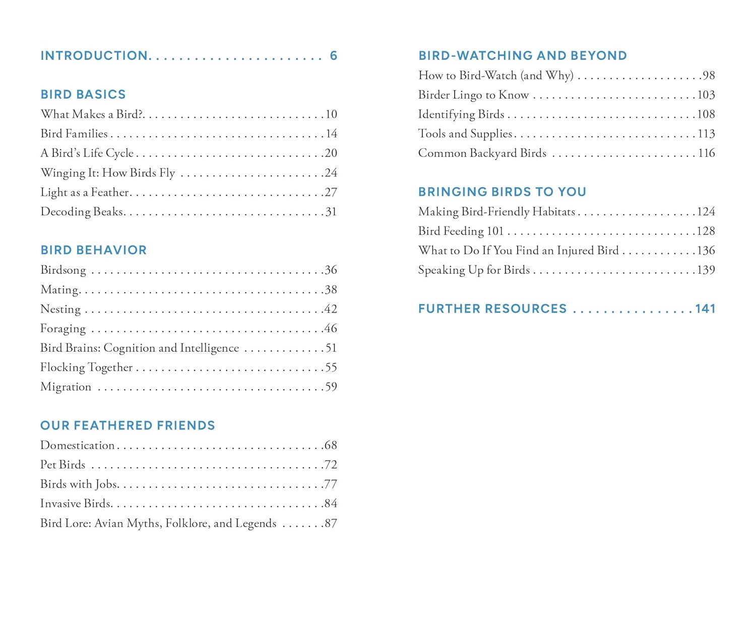 Table of contents for a book on birdwatching with chapter titles and page numbers.