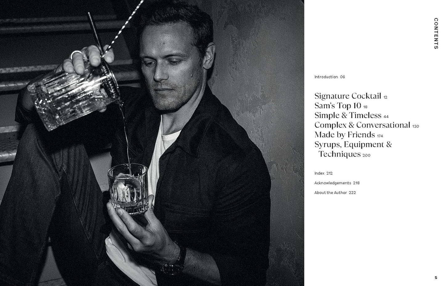introduction pages of Cocktail Diaries book with image of person pouring a cocktail and table of contents