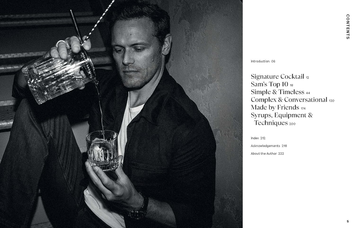 introduction pages of Cocktail Diaries book with image of person pouring a cocktail and table of contents