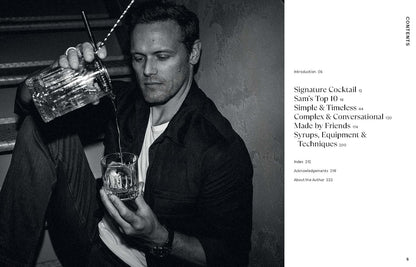 introduction pages of Cocktail Diaries book with image of person pouring a cocktail and table of contents