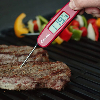 Digital thermometer inserted into a steak on a grill with vegetables in the background
