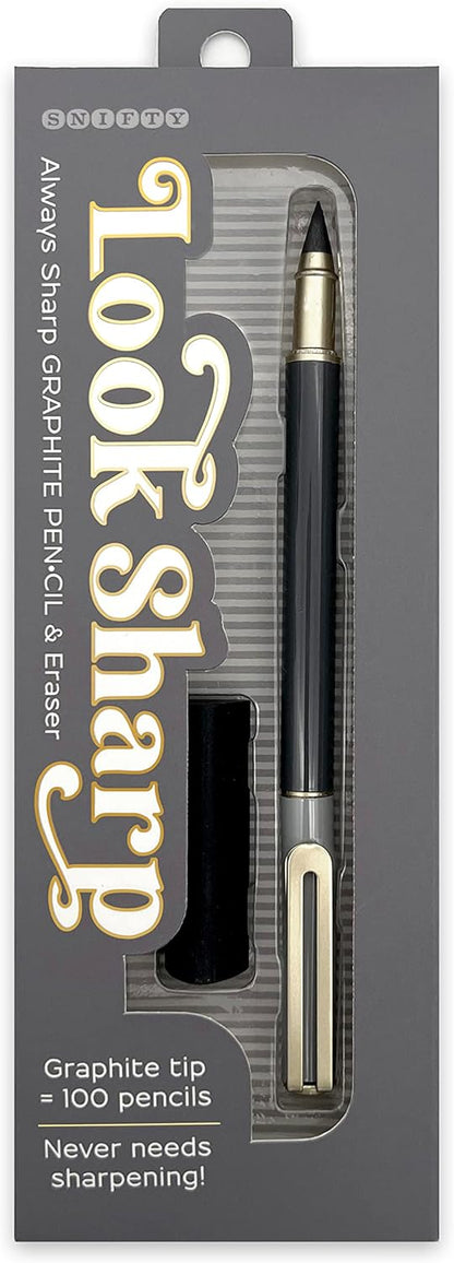 black look sharp pencil in its box packaging with and eraser.