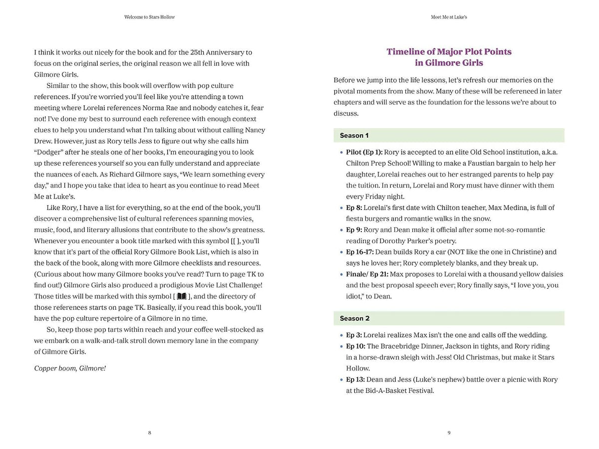 A page of a book titled 'Timeline of Major Plot Points in Gilmore Girls,' featuring two labeled sections with bullet points and short text on a white background.