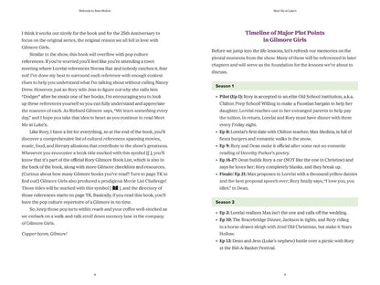 A page of a book titled 'Timeline of Major Plot Points in Gilmore Girls,' featuring two labeled sections with bullet points and short text on a white background.