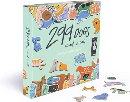 angled view of 299 dogs and a cat puzzle box with illustrations of dogs and a cat, featuring the text '299 Dogs and a Cat'.
