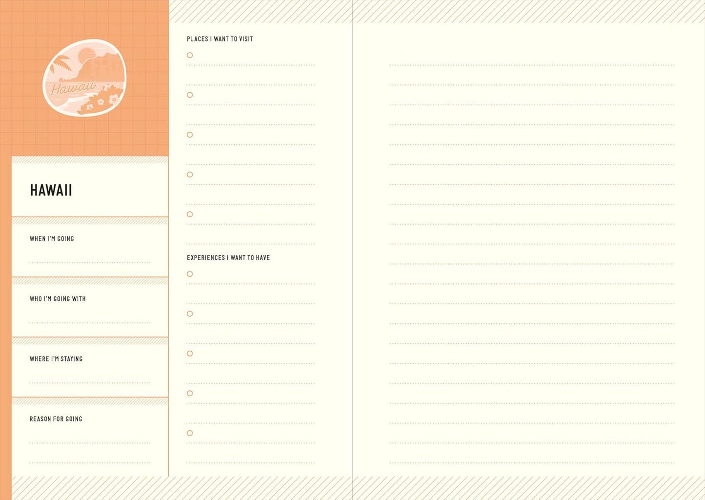 Travel planner with checkboxes and space for writing about hawaii on a white background