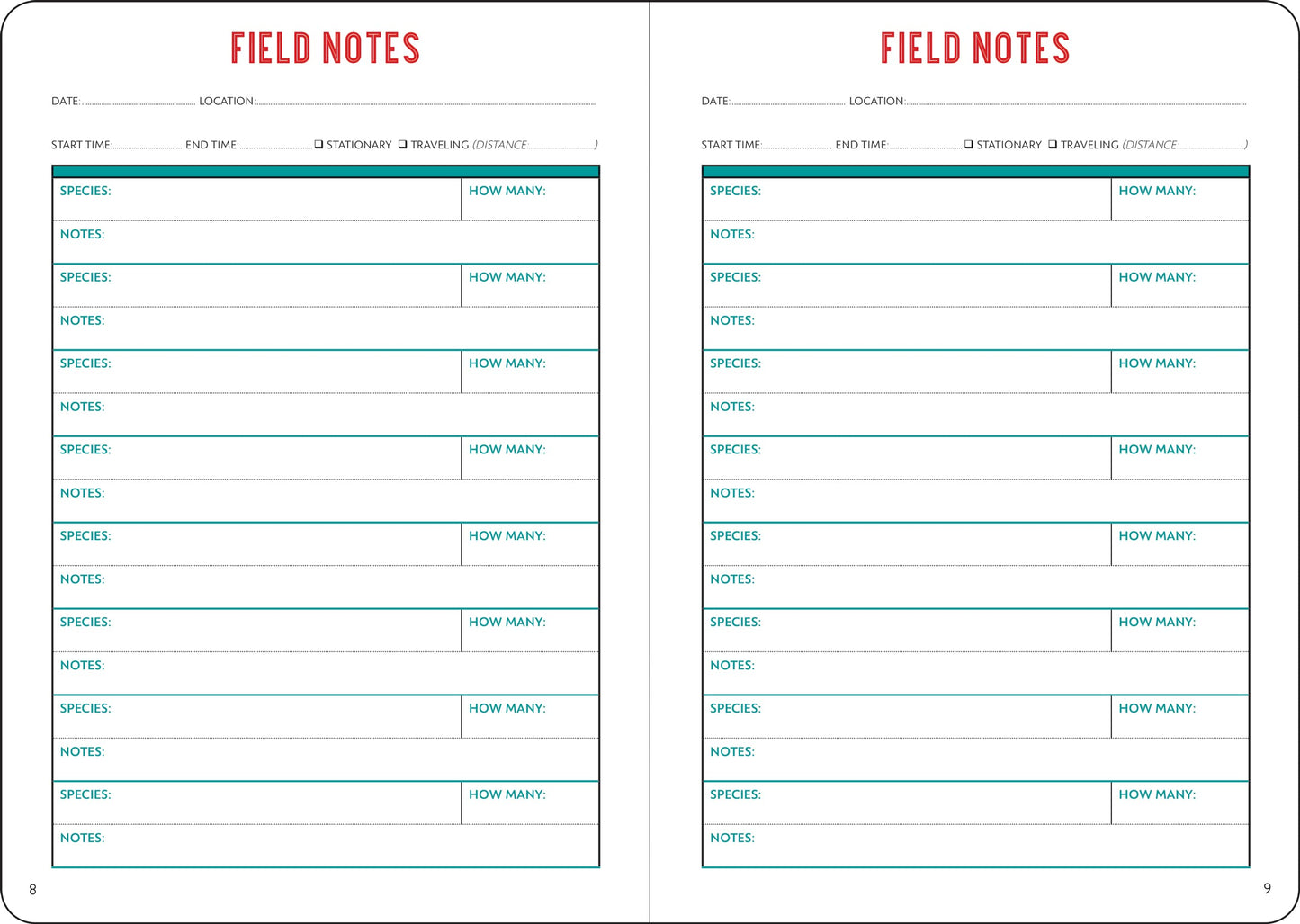 field note pages of book.