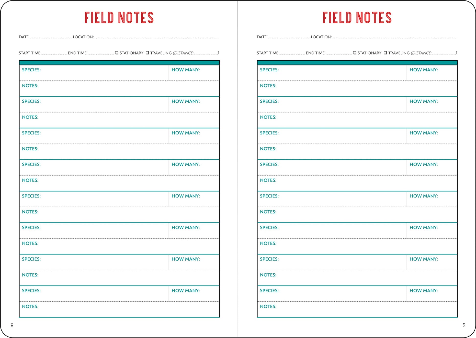 field note pages of book.