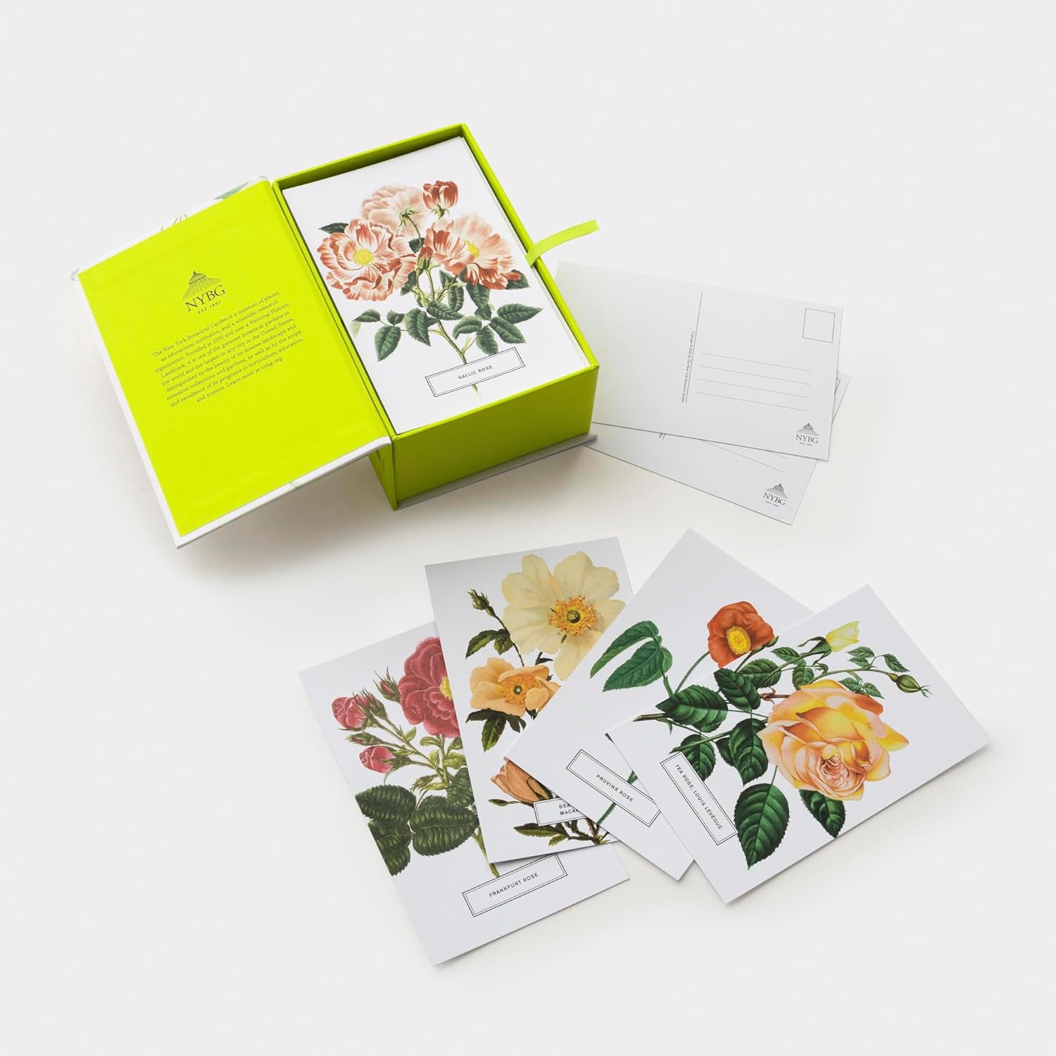open box of Roses by The New York Botanical Garden Postcards with additional postcards scattered about