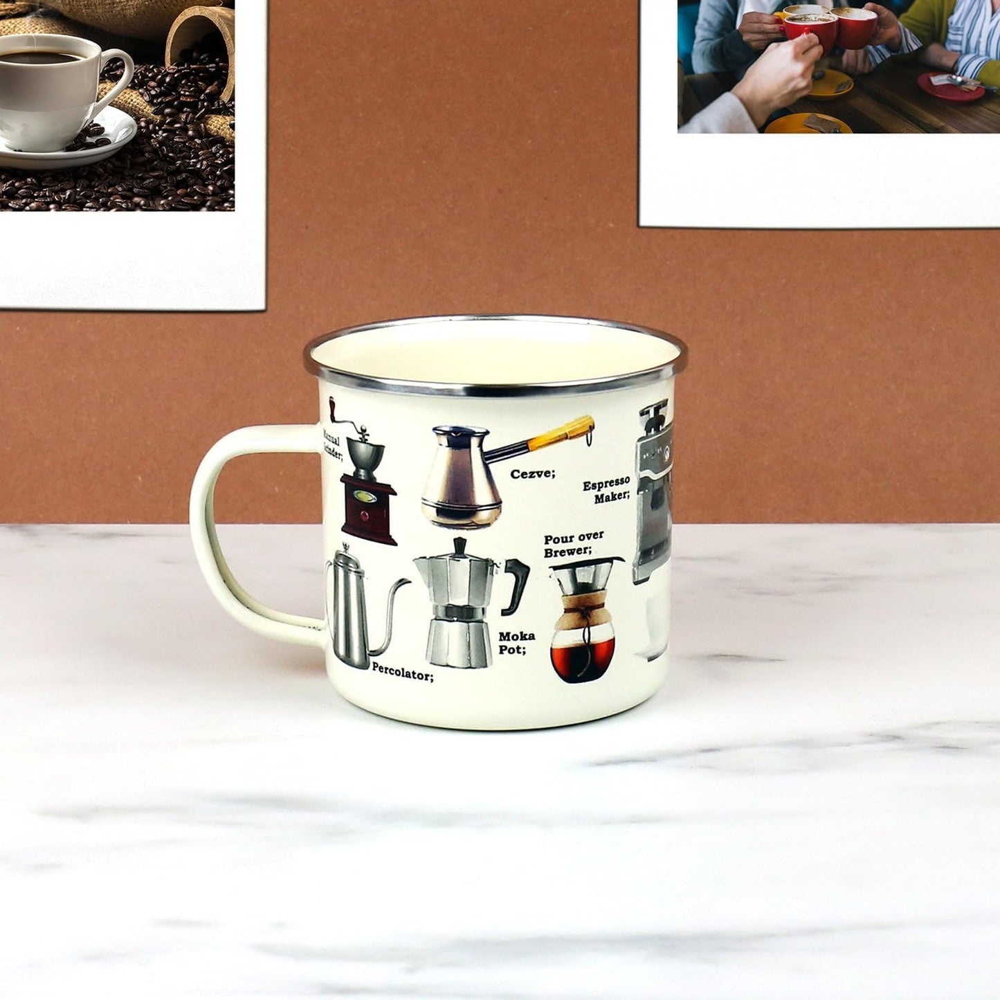 enameled coffee mug set on a desk.