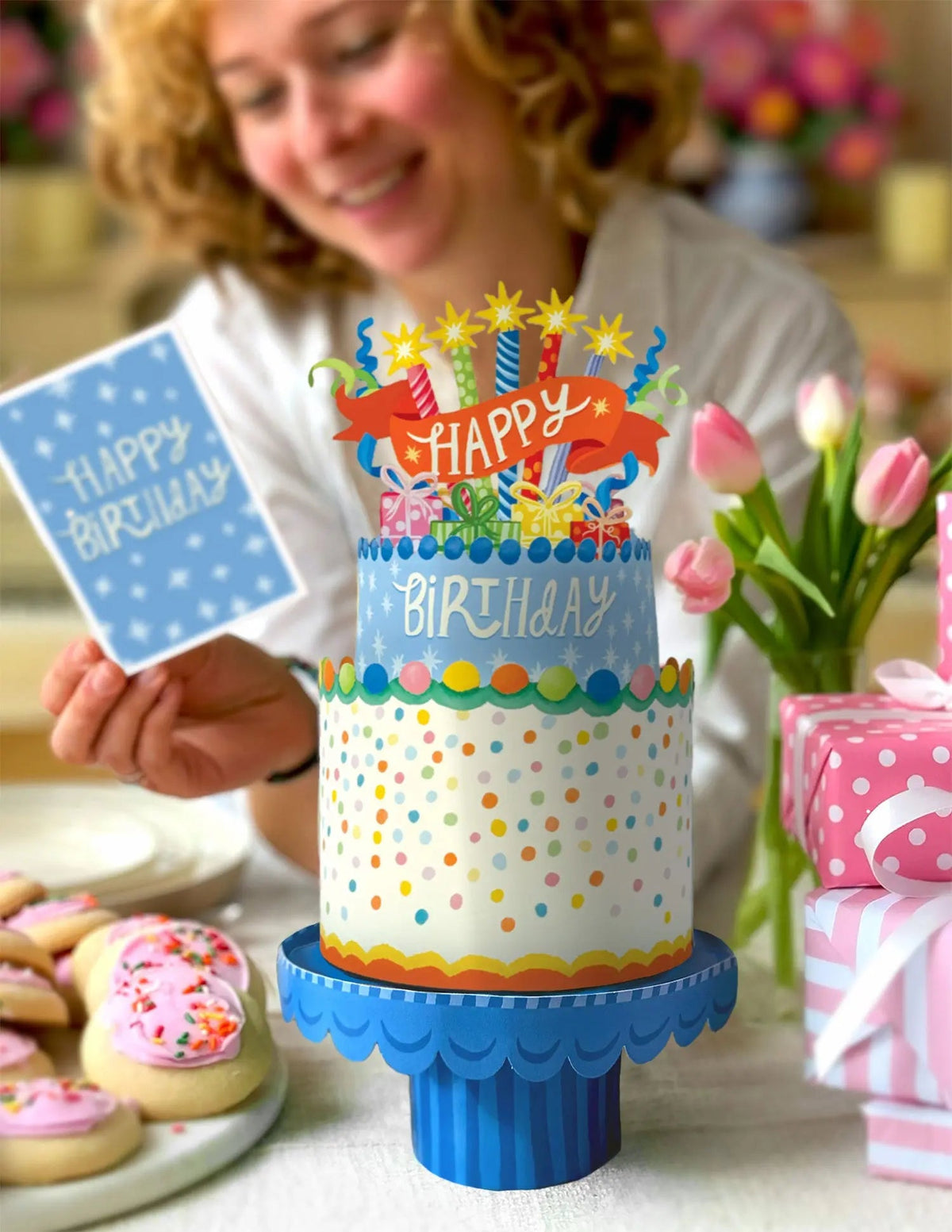 Confetti Birthday Cake Pop-Up Bouquet on a decorated table