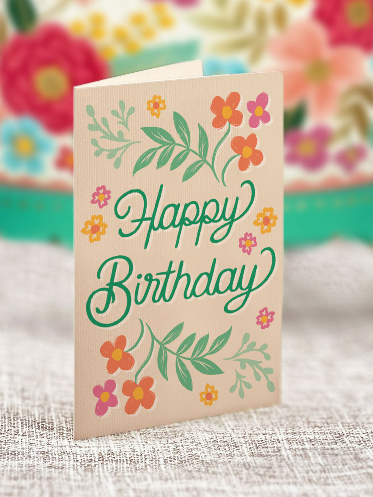 Blooming Birthday Cake Pop-Up Bouquet notecard on a table