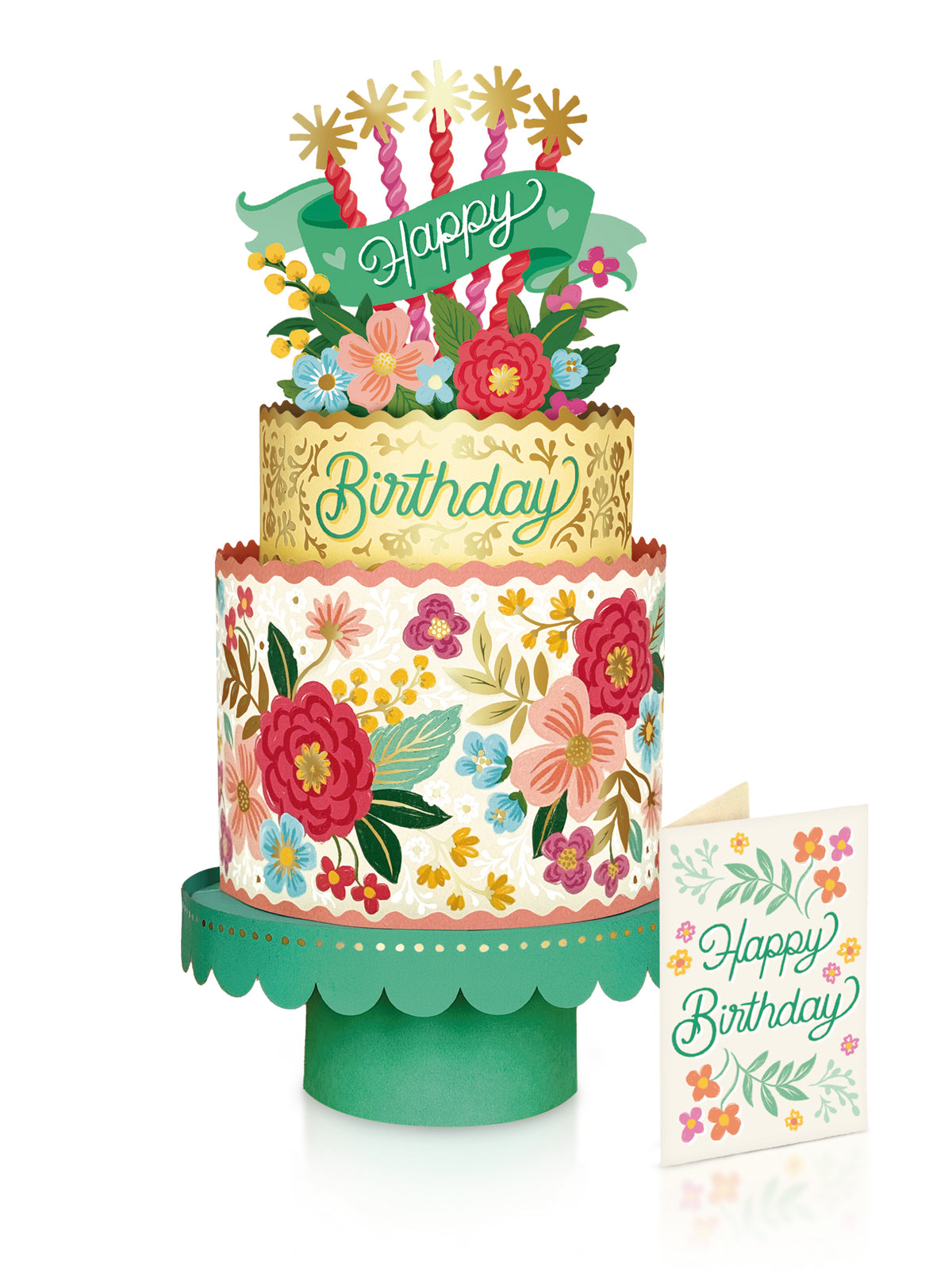 Blooming Birthday Cake Pop-Up Bouquet and its card on a white background