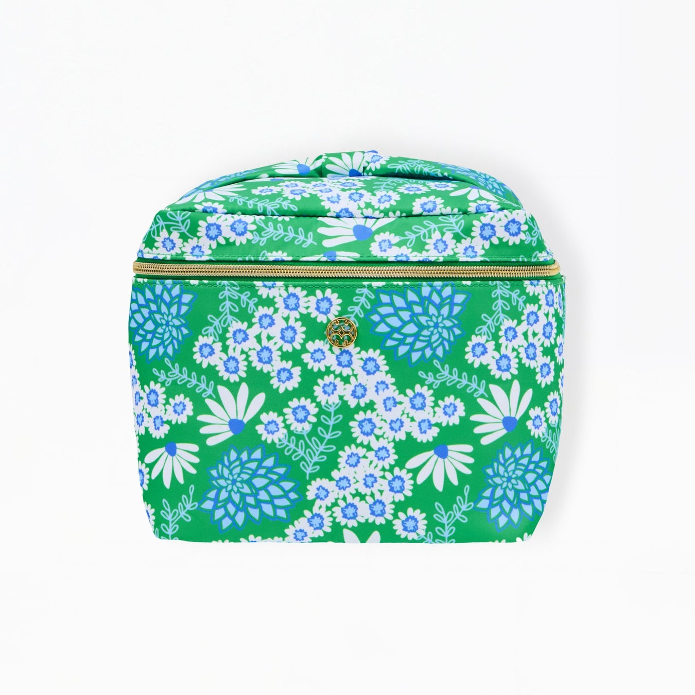 Green floral-patterned pouch on a white background