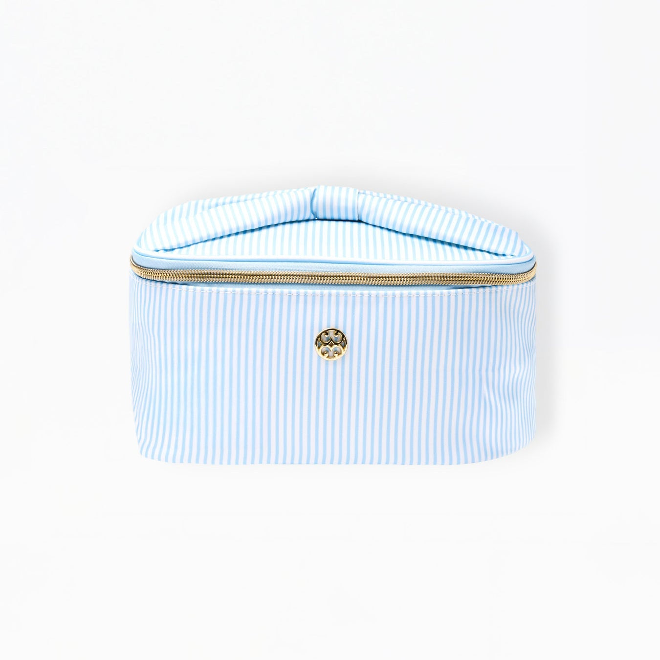 Light blue striped pouch with a gold zipper on a white background