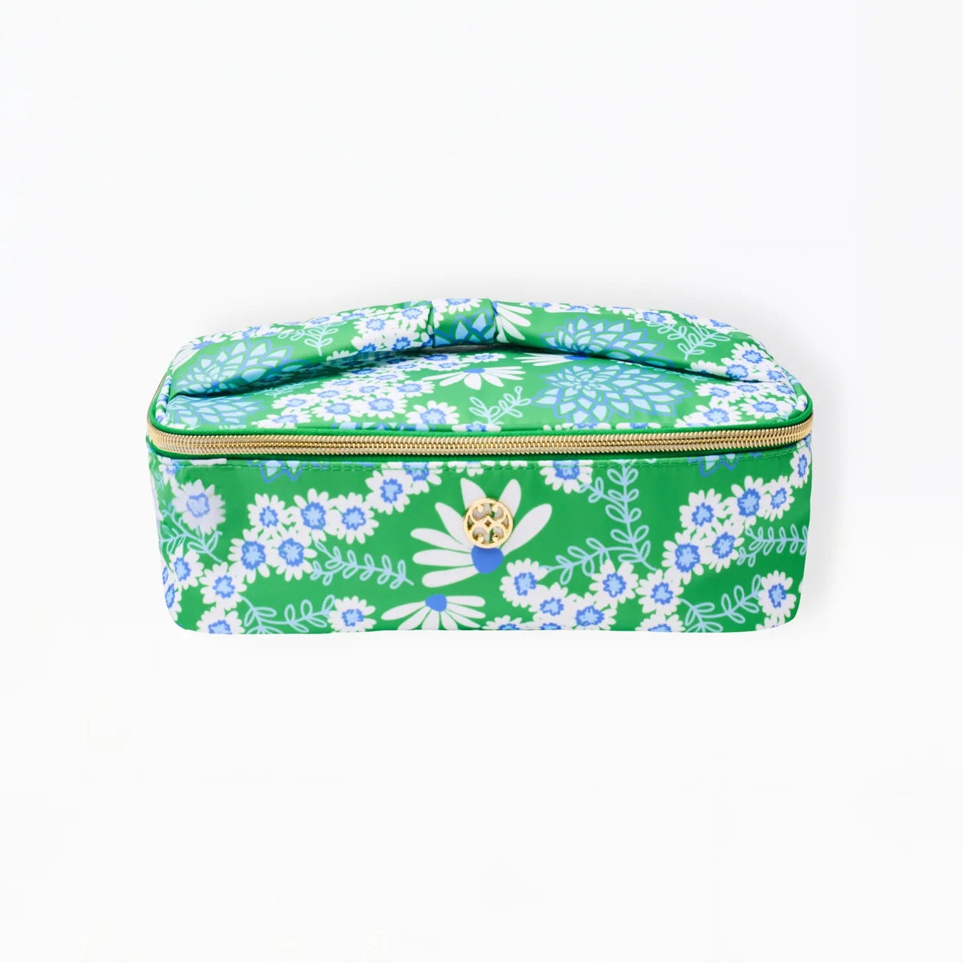 Green floral-patterned rectangular pouch on a white background