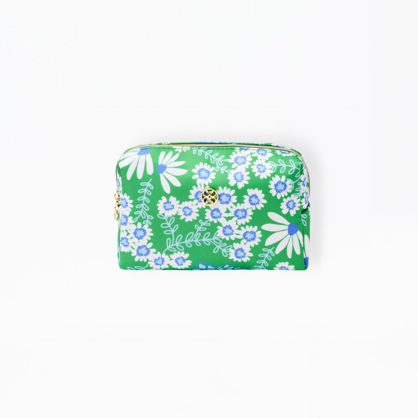 green and blue Floral patterned zipper pouch on a white background