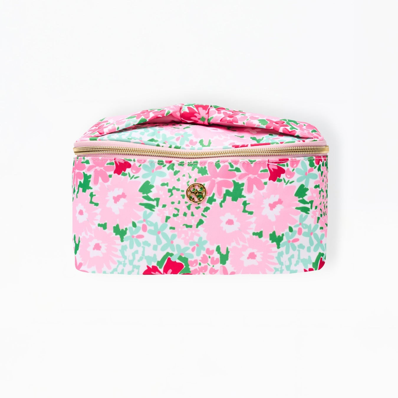 pink Floral-patterned cosmetic bag on a white background