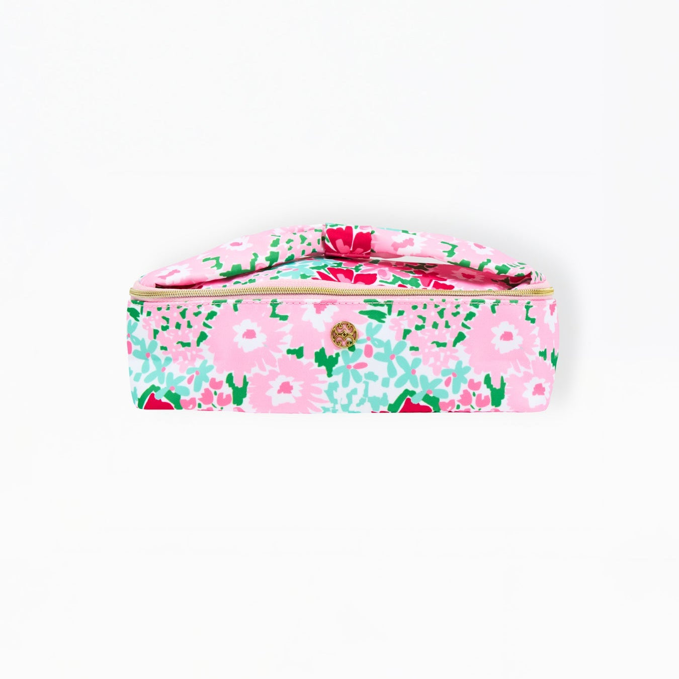 Floral-patterned case with gold zipper on a white background