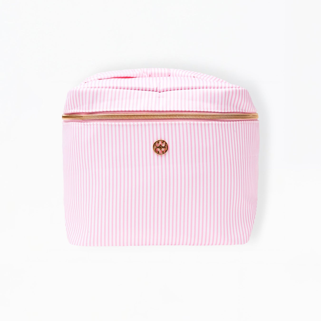 Pink striped bag with a gold zipper on a white background