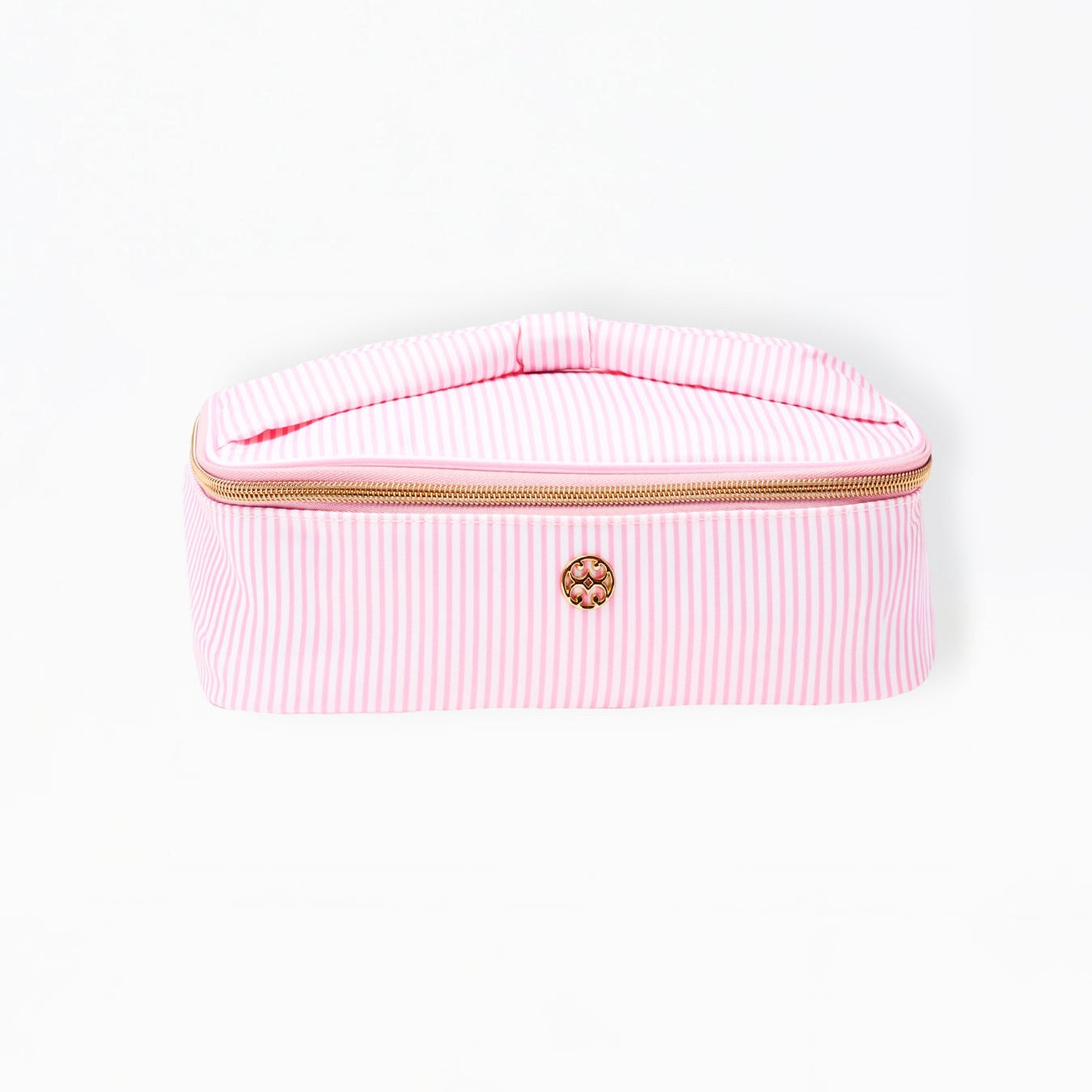 Pink striped travel case with a gold zipper on a white background